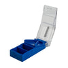 Image of Pill Cutter with V Shaped Holder & Storage blue tablet splitter with clear hinged lid and three storage compartments