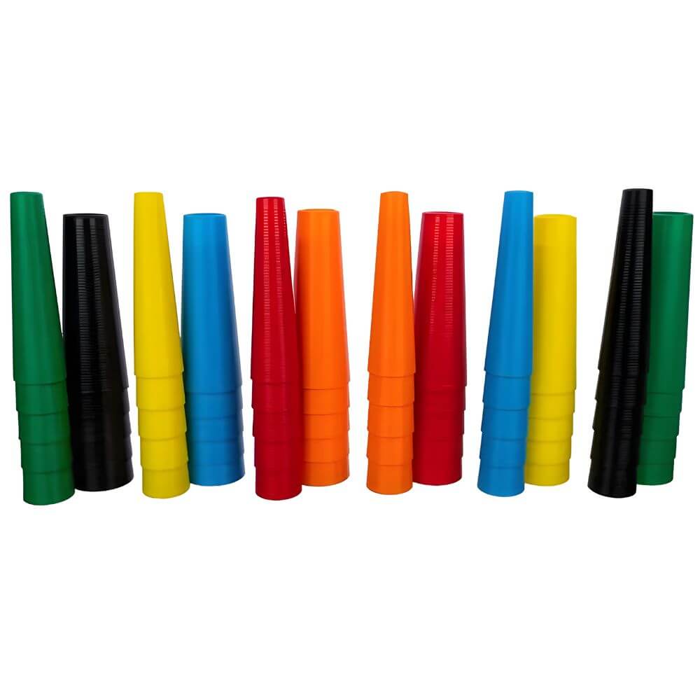 Plastic Stacking Cones for Sensory and Motor Skill Development extended row of stacked cones in bright colors