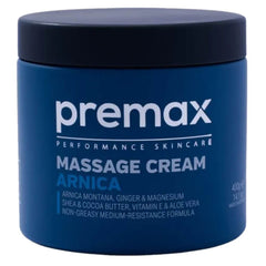 Premax Massage Cream Arnica 400g jar with blue container and non greasy muscle relief formula