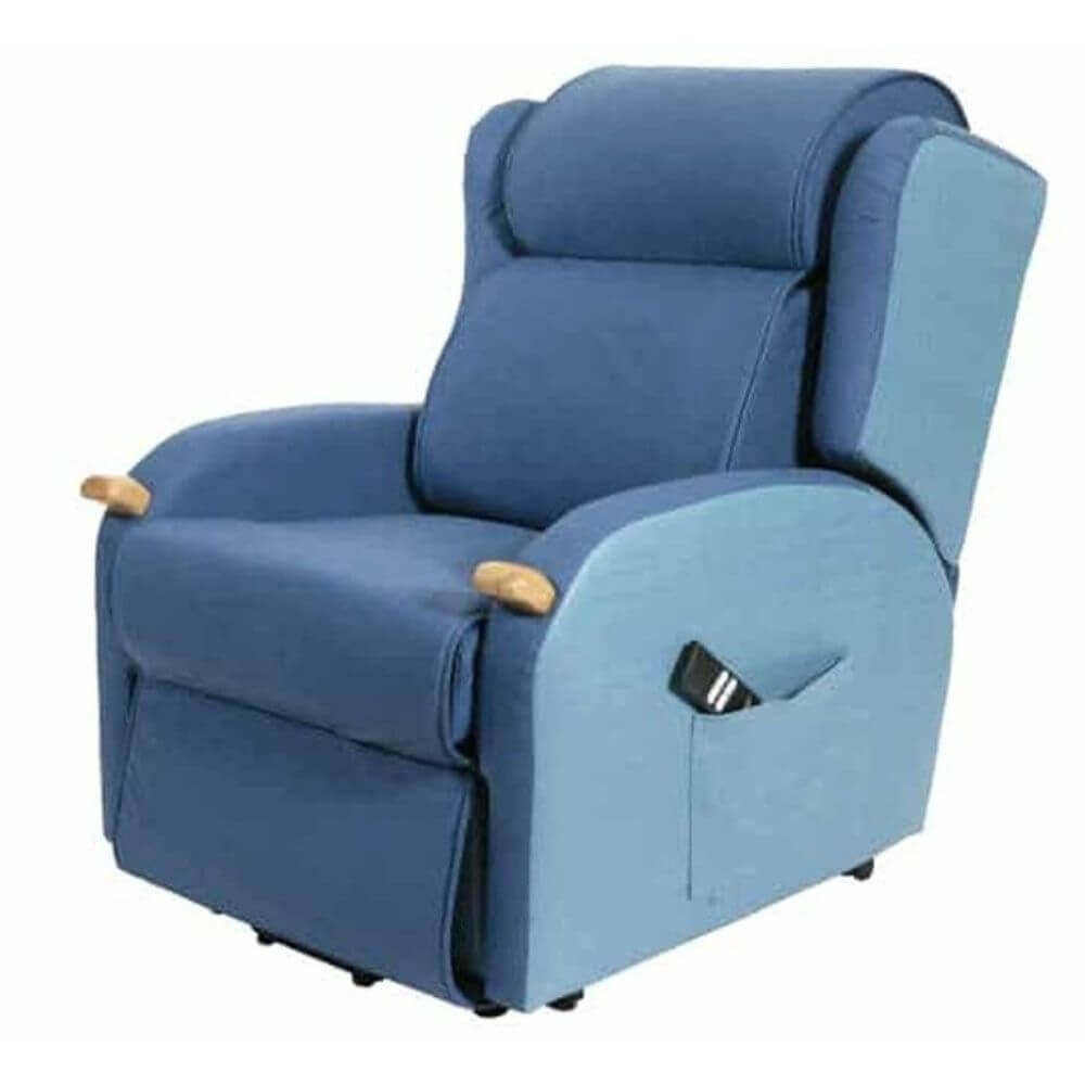 Pressure Care Lift Recliner Chair with Air Cells angled view showing side pocket and remote control