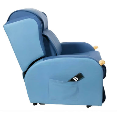 Pressure Care Lift Recliner Chair with Air Cells side view upright position with contoured backrest