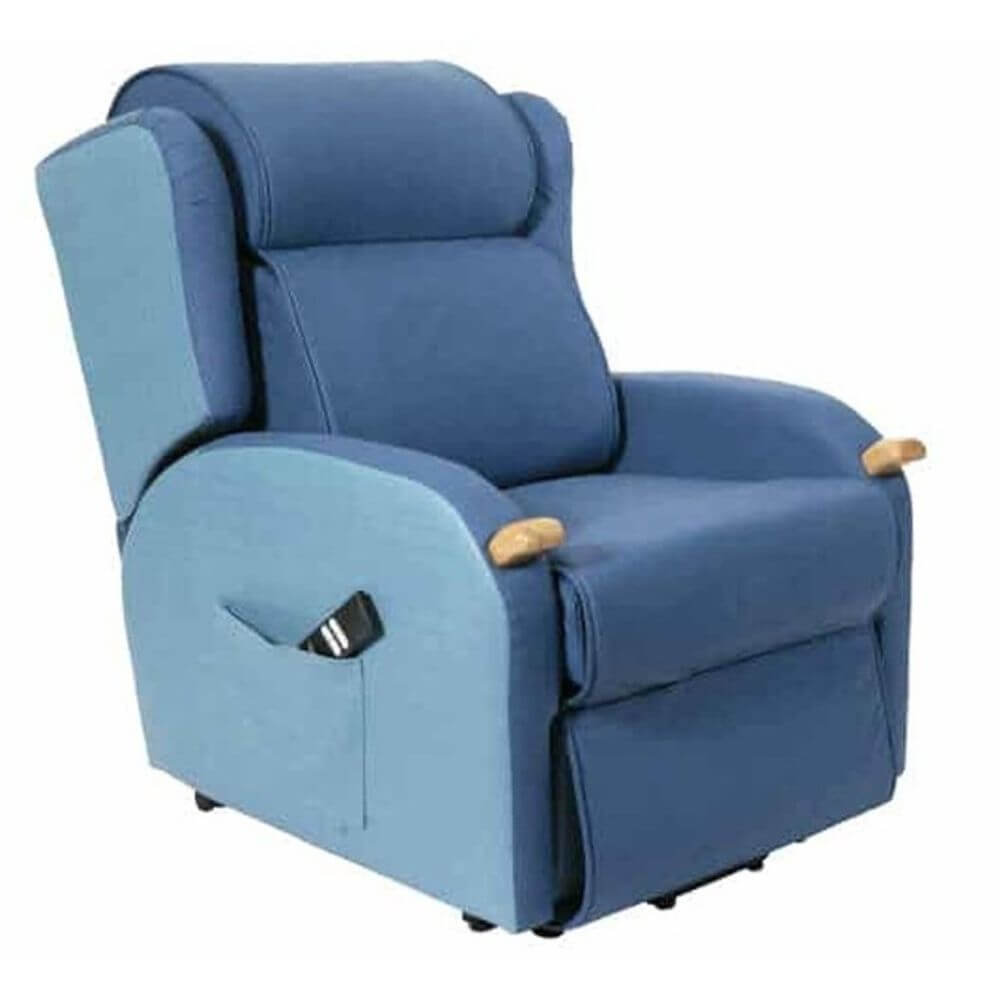 Pressure Care Lift Recliner Chair with Air Cells three quarter view showing seat depth and arm supports