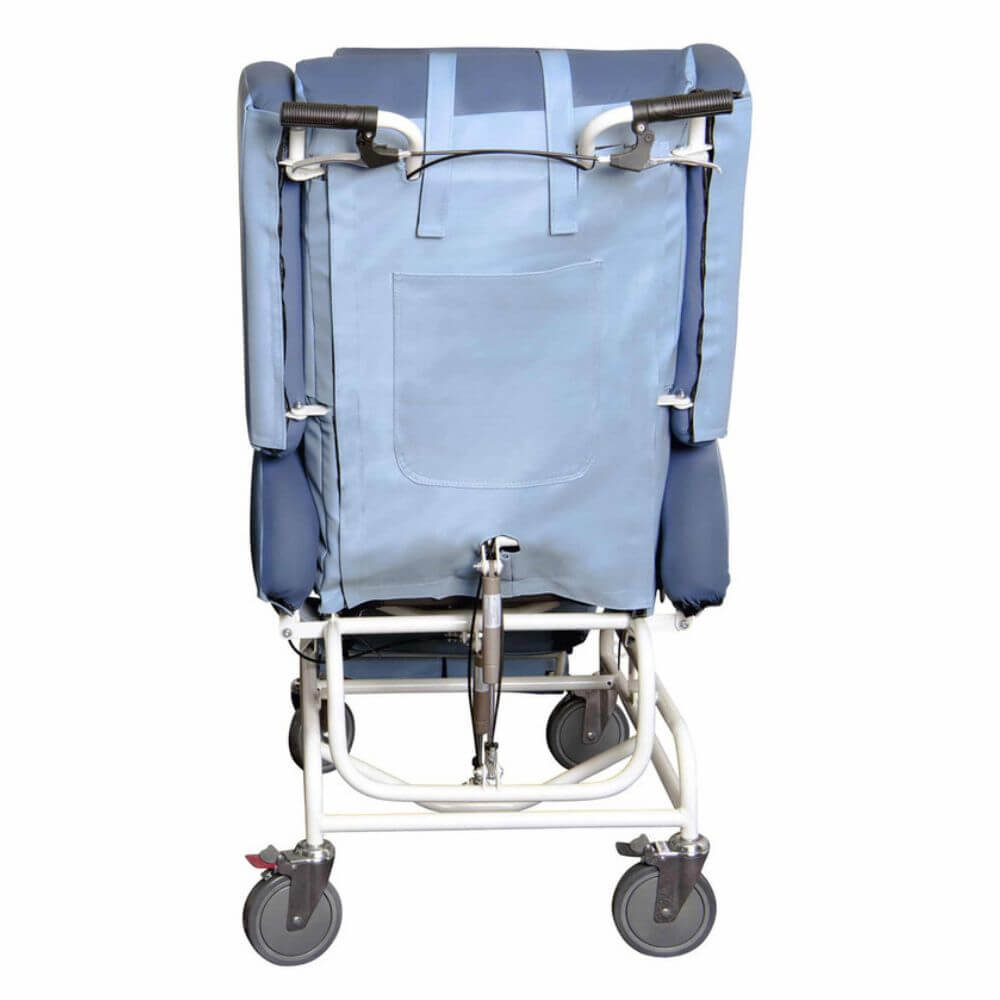 Bariatric Pressure Relief Air Chair with Gel Cushion rear view showing breathable backrest and wheeled frame