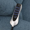 Image of Quad Motor Electric Lift Recliner Chair with Footrest Extension illuminated remote control on blue fabric sea