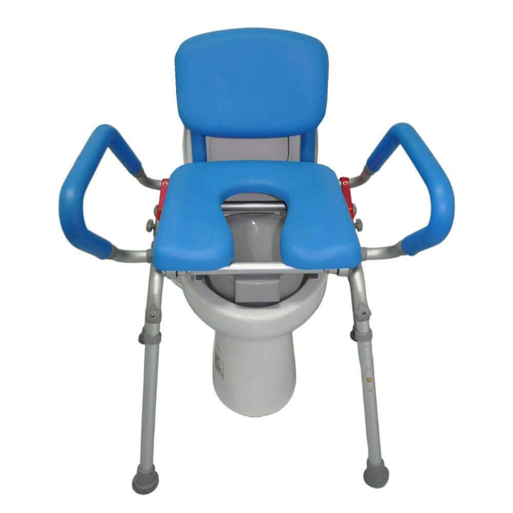 Rear view of Over Toilet Aid with Spring Assist Lift Seat positioned over a toilet