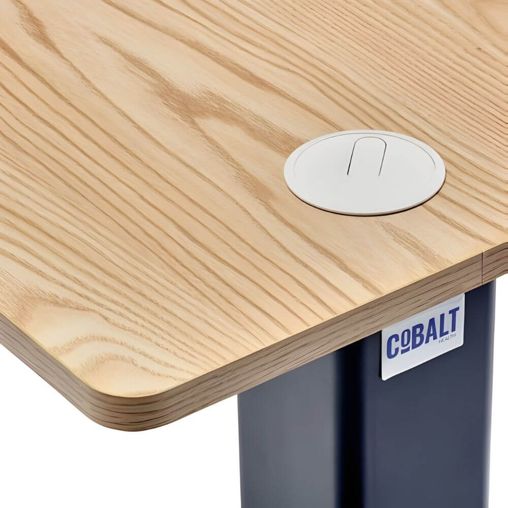Rectangular Over Bed Table HR 44-83cm SWL 30kg corner view showing woodgrain top and cable grommet