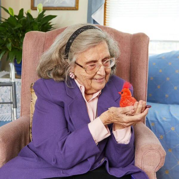 Red Animatronic Bird Toy for Dementia in Palm of Elderly