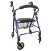 Image of Seat Walker with Hand Brakes Curved Backrest and Storage Basket blue rollator walker front view with basket