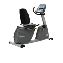 Self Powered Recumbent Exercise Bike with LCD Display side view with padded seat and console