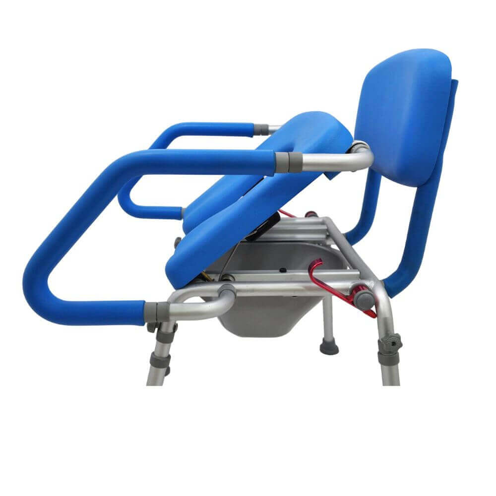 Side view of Over Toilet Aid with Spring Assist Lift Seat showing the spring-assisted lifting mechanism