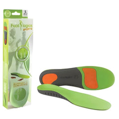 Sports Orthotic Insoles with Arch Support and Gel Cushioning pair with retail box, green and black design