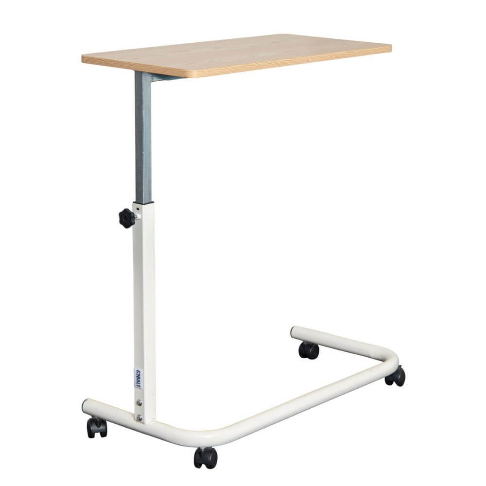Spring Lift Overbed Table 79 x 39cm side view showing adjustable height column and wheeled base