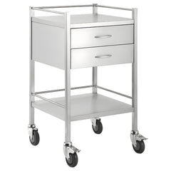 Stainless Steel Dressing Trolley 2 Drawers and Shelf with locking castors and lower tray