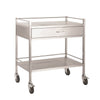 Image of Stainless Steel Dressing Trolley with Drawer and Shelf front view with lower shelf and castors