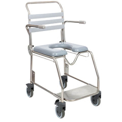 Stainless Steel Shower Commode Chair with Swing Back Arms padded seat and wheeled frame