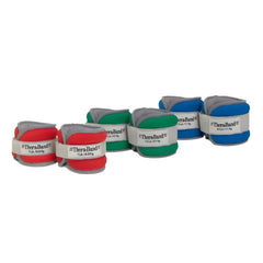 THERABAND Adjustable Ankle and Wrist Weights set showing red 1 lb, green 1.5 lb, and blue 2.5 lb pairs