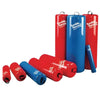 Image of Therapy Positioning Roll for Rehabilitation and Exercise Support set of red and blue cylindrical foam rolls in multiple sizes with handles
