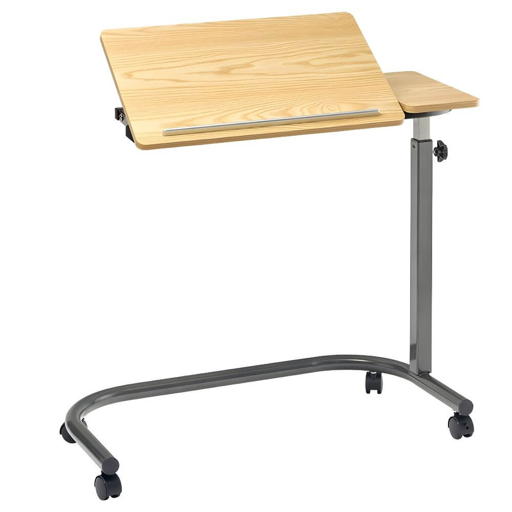 Tilting Over Bed Table with Gas Lift 79 x 39cm adjustable wooden tabletop on wheeled frame