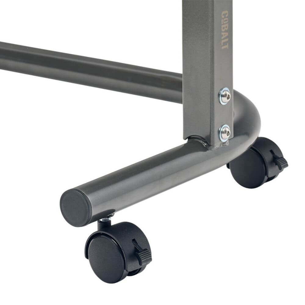 Tilting Over Bed Table with Gas Lift 79 x 39cm close-up of metal frame and lockable castor wheels