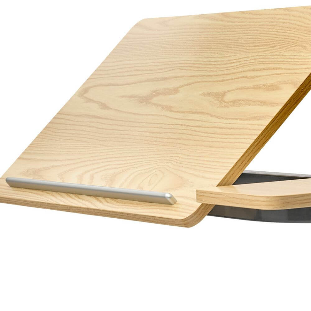 Tilting Over Bed Table with Gas Lift 79 x 39cm detailed view of tilting wooden tabletop edge