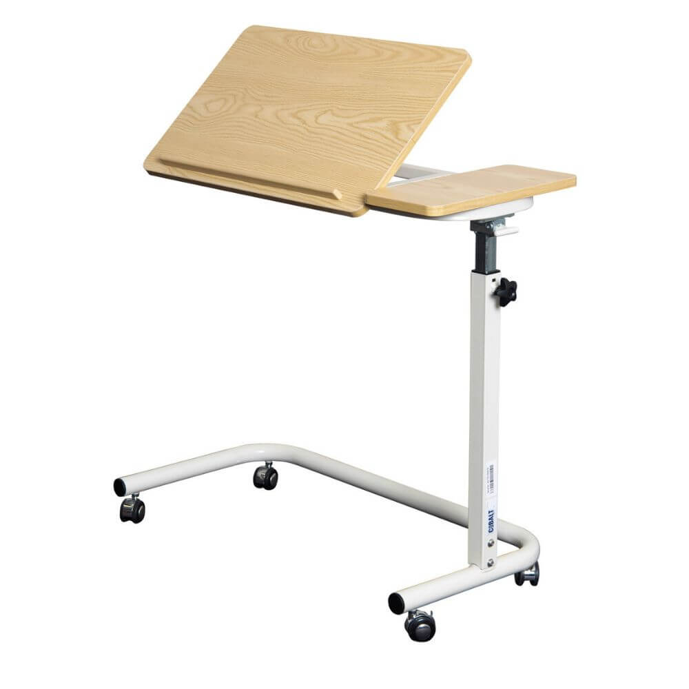 Tilting Over Bed Table with Gas Lift 79 x 39cm side view showing angled tilting tabletop position