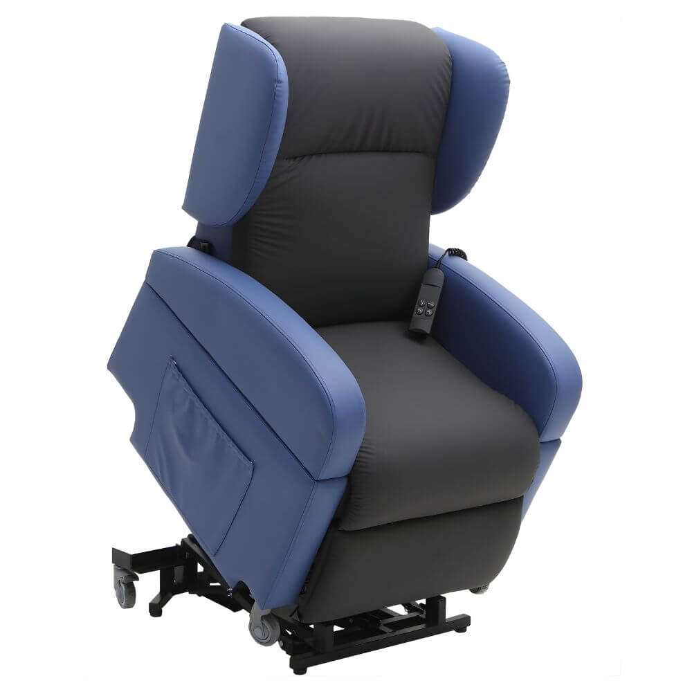 Vertical Lift Chair blue and grey electric lift recliner with padded arms and remote control