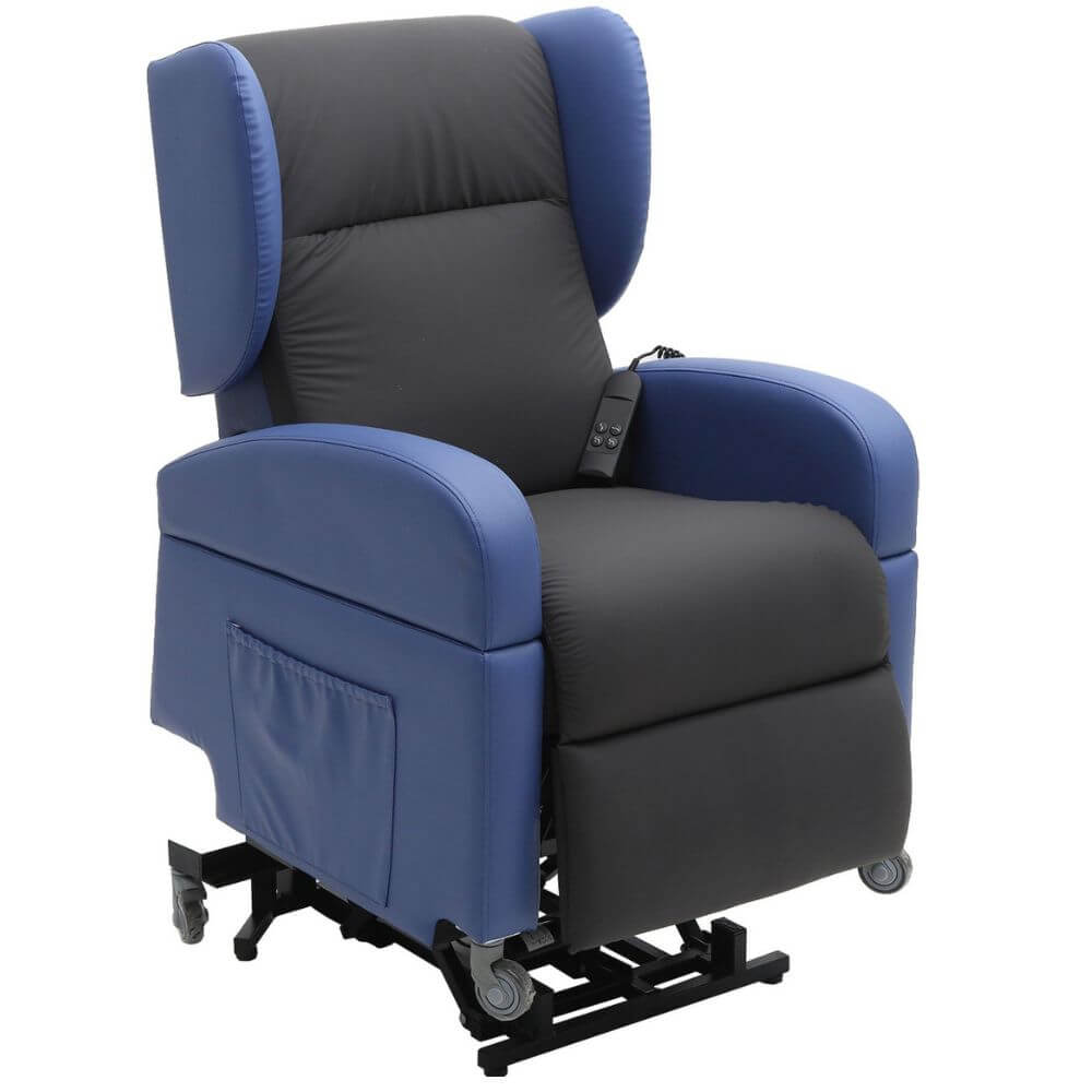 Vertical Lift Chair blue and grey electric recliner with lift base and side pocket on armrest