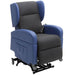 Vertical Lift Chair blue and grey electric recliner with lift base and side pocket on armrest