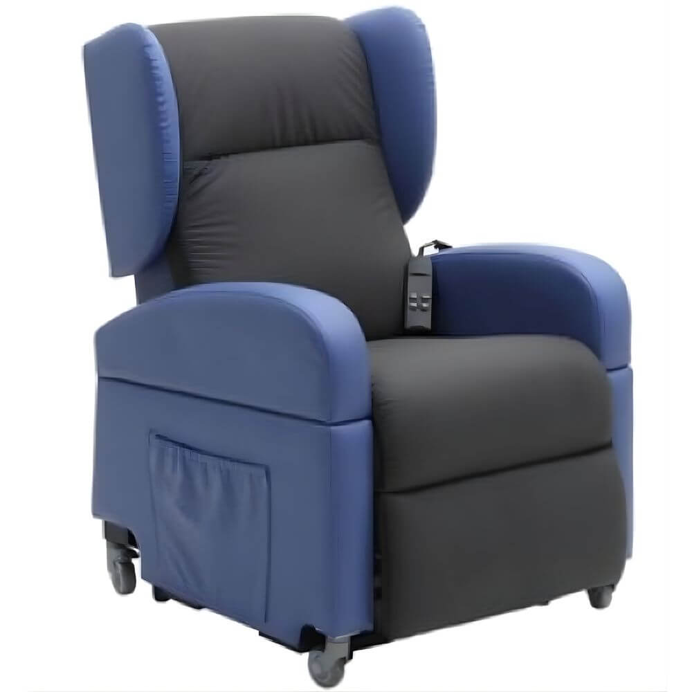 Vertical Lift Chair blue and grey powered lift recliner showing front view with cushioned seat and armrests