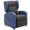 Image of Vertical Lift Chair blue and grey powered lift recliner showing front view with cushioned seat and armrests