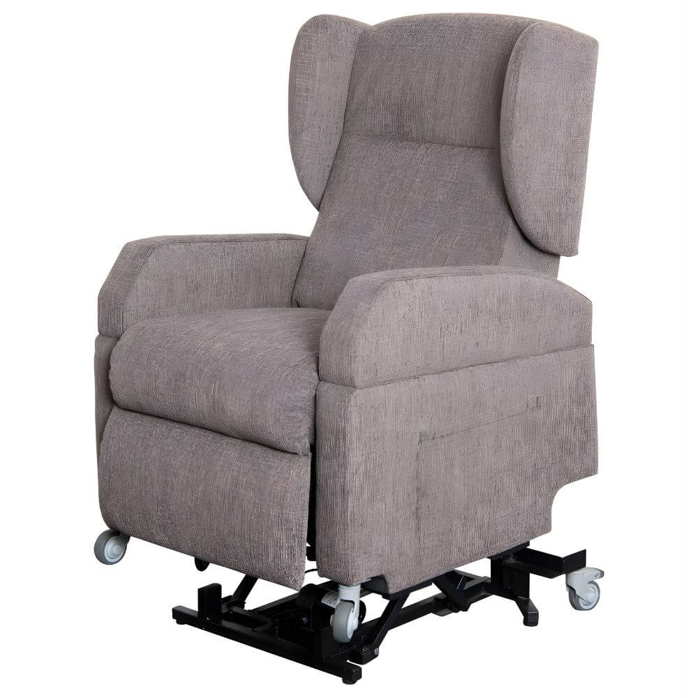 Vertical Lift Chair grey fabric electric lift recliner with padded arms and wheeled base
