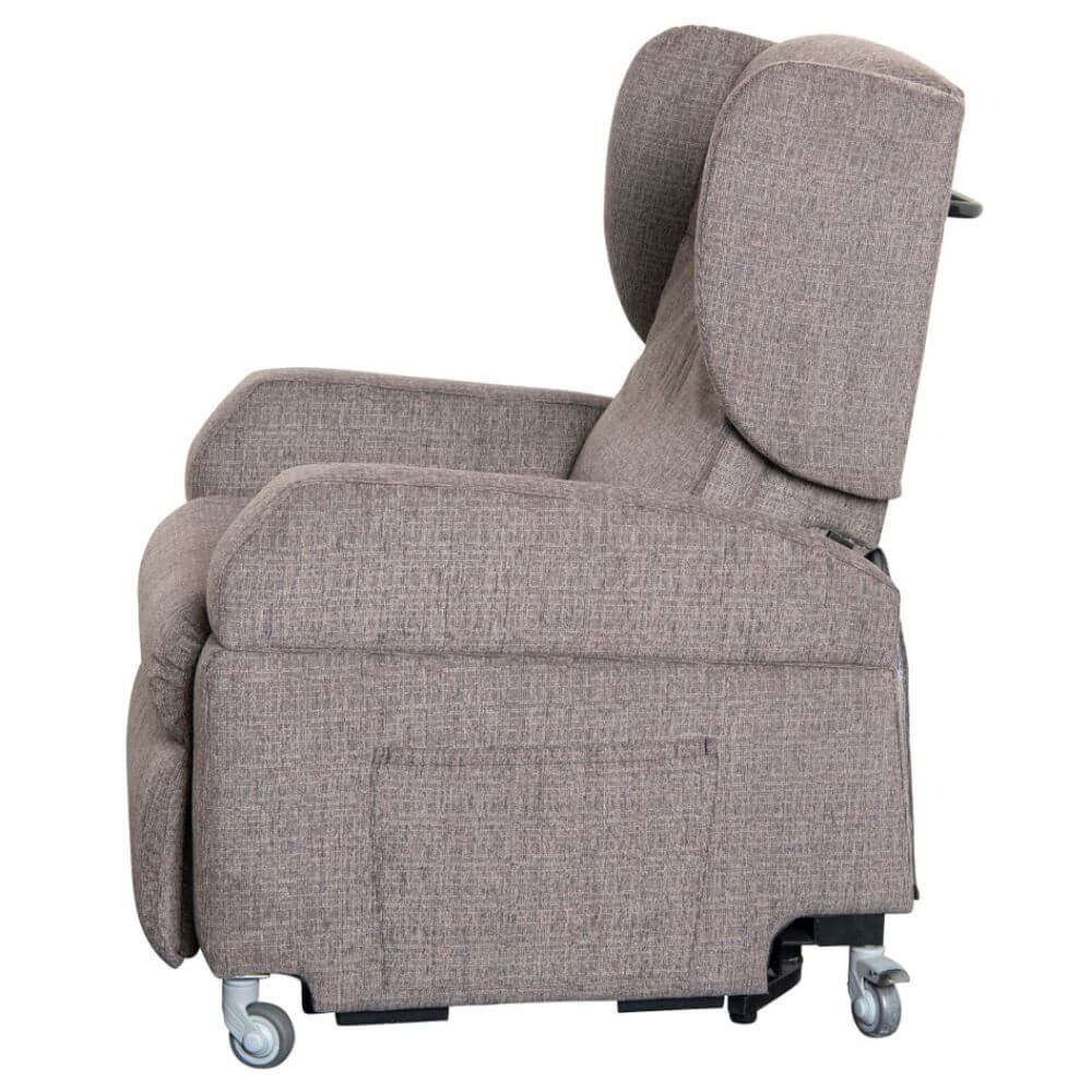 Vertical Lift Chair grey fabric electric recliner side view with high back and supportive arms