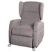 Vertical Lift Chair grey fabric powered lift recliner front view with cushioned seat and castors