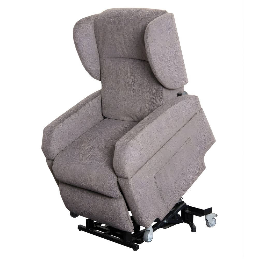 Vertical Lift Chair grey fabric powered lift recliner shown in raised tilt position on mobile base