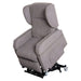 Vertical Lift Chair grey fabric powered lift recliner shown in raised tilt position on mobile base