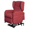 Image of Vertical Lift Chair red fabric electric lift recliner angled front view on mobile lift base