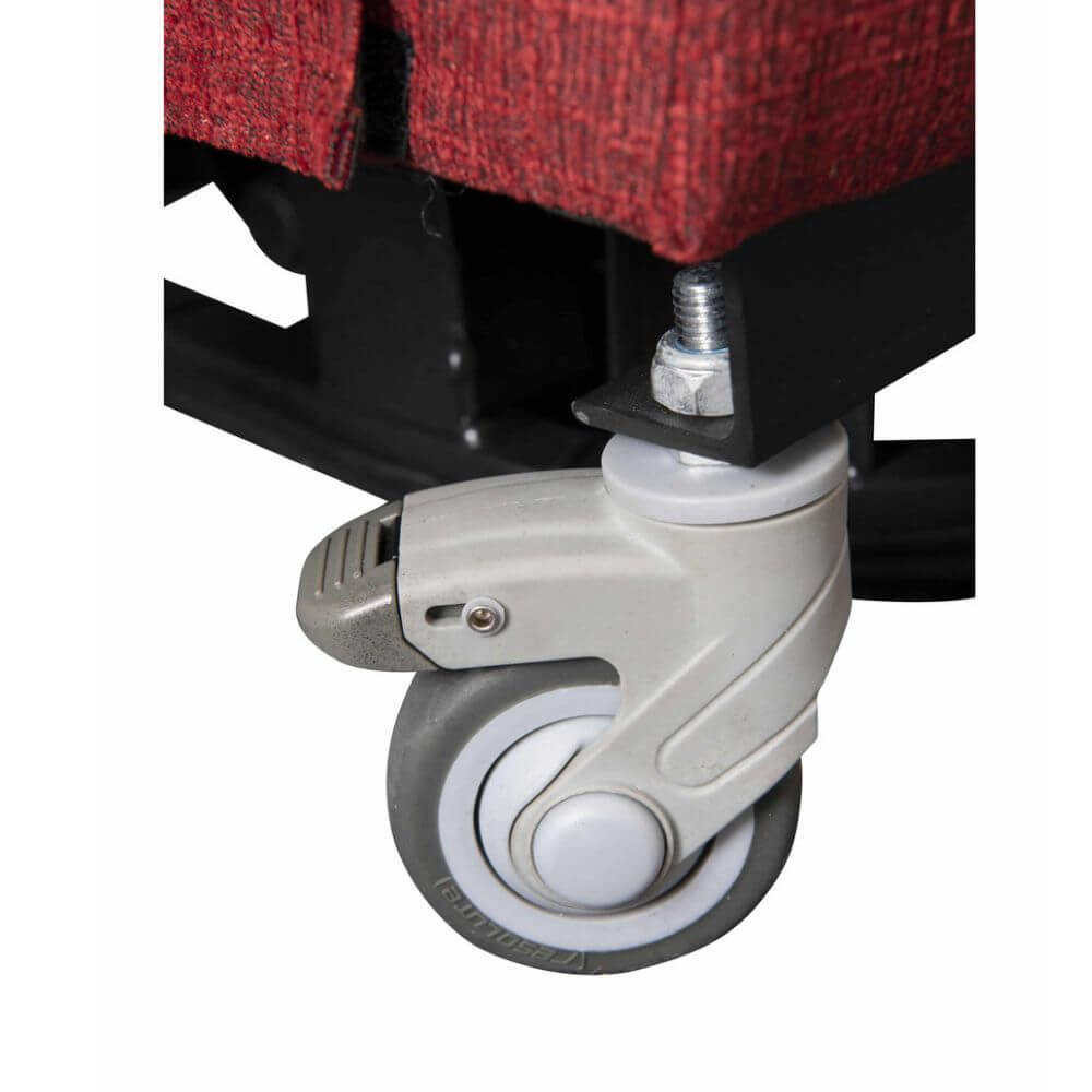 Vertical Lift Chair red fabric electric lift recliner close up of lockable castor wheel