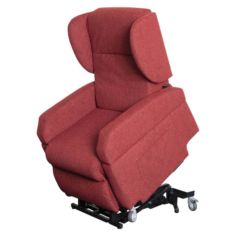 Vertical Lift Chair red fabric powered lift recliner shown in raised tilt position on wheeled base