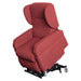 Vertical Lift Chair red fabric powered lift recliner shown in raised tilt position on wheeled base