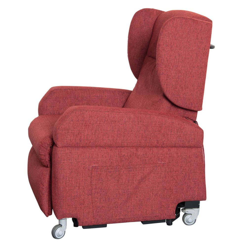 Vertical Lift Chair red fabric powered lift recliner side profile with padded arms and high back