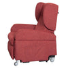 Image of Vertical Lift Chair red fabric powered lift recliner side profile with padded arms and high back