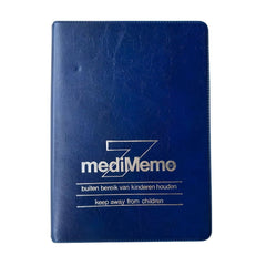 Weekly Pill Organizer - 7 Day & 4 Daily Dose Medication Reminder blue mediMemo storage case with labeled cover