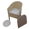 Image of Wicker Style Commode Chair with Wooden Frame removable lid and access panel beside toilet bowl insert