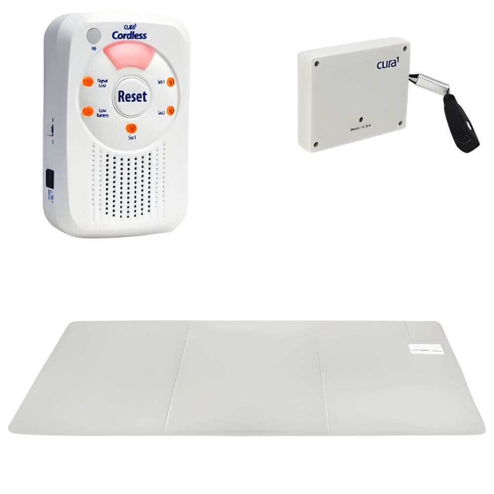 Wireless Foldable Floor Sensor Mat Kit with 6 Channel Monitor including cordless monitor, foldable mat and control unit components