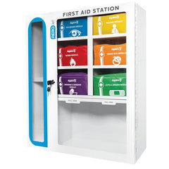 Aero Healthcare AEROKIT first aid station cabinet with 6 colour-coded first aid modules front view
