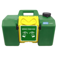 AEROWASH gravity eyewash station 30L front view with green tank and yellow basin