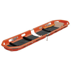 AeroRescue STR-09 collapsible basket stretcher in orange with black restraint straps, front angle view