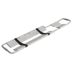 AeroRescue STR-06 silver alloy scoop stretcher angled view with black restraint straps
