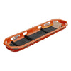 Image of AeroRescue STR-08 orange basket stretcher angled view with black restraint straps and foot plate