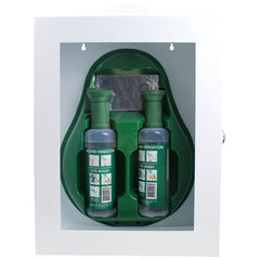 Aero Healthcare AEROWASH Drop eyewash station in white metal cabinet with perspex front and two 500 mL eyewash bottles front view